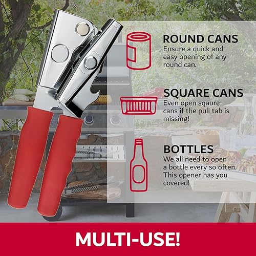 Miniatura 4 de Abrelatas comercial de Chef-Master  Abrelatas manual multiusos con agarre antideslizante, perilla de giro fácil, discos de corte afilados, mango