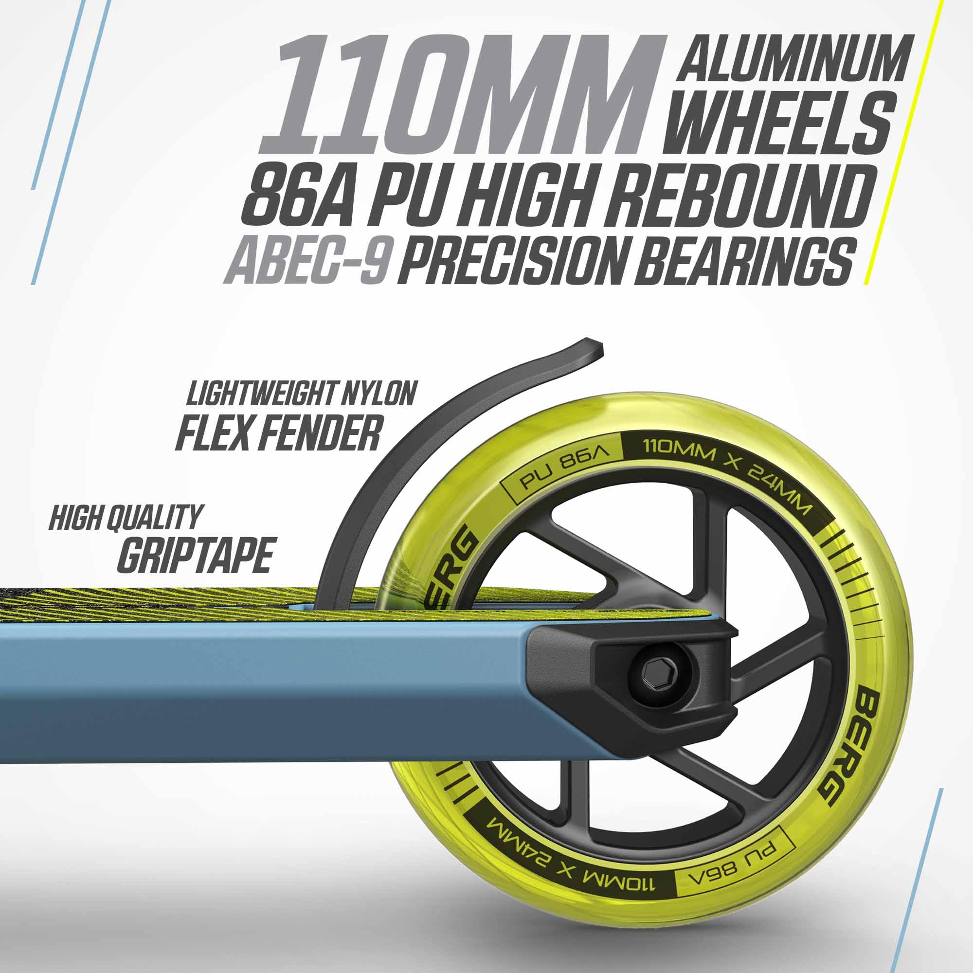 BERG Proxus X1 Monopattino per bambini | Freestyle Scooter per skatepark e strada | ponte in alluminio 500 mm | ruote da 110 mm | cuscinetti ABEC 9 | Compressione IHC | Leggero e stabile (blu)