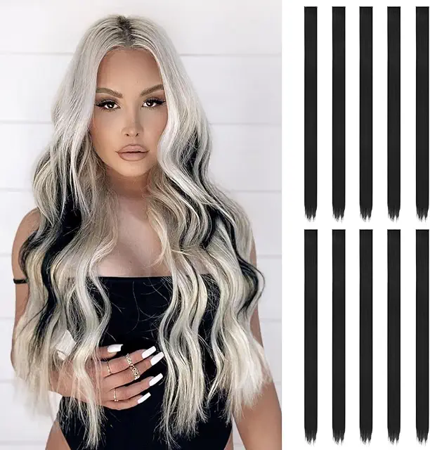 10 Pcs Black Clip-In Hair Extensions | 22 In Straight Synthetic Hair