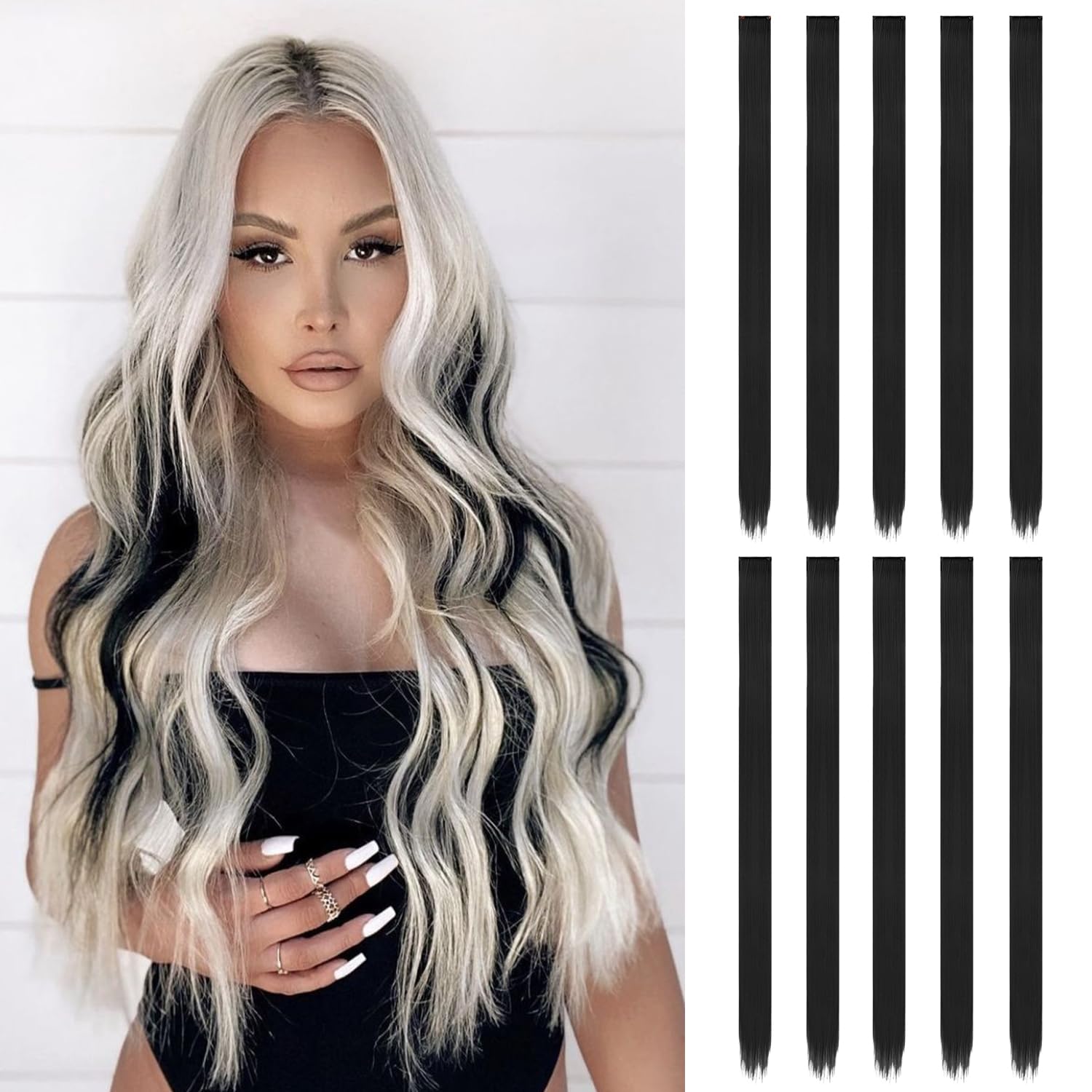 10 Pcs Black Hair Extensions, 22 tum