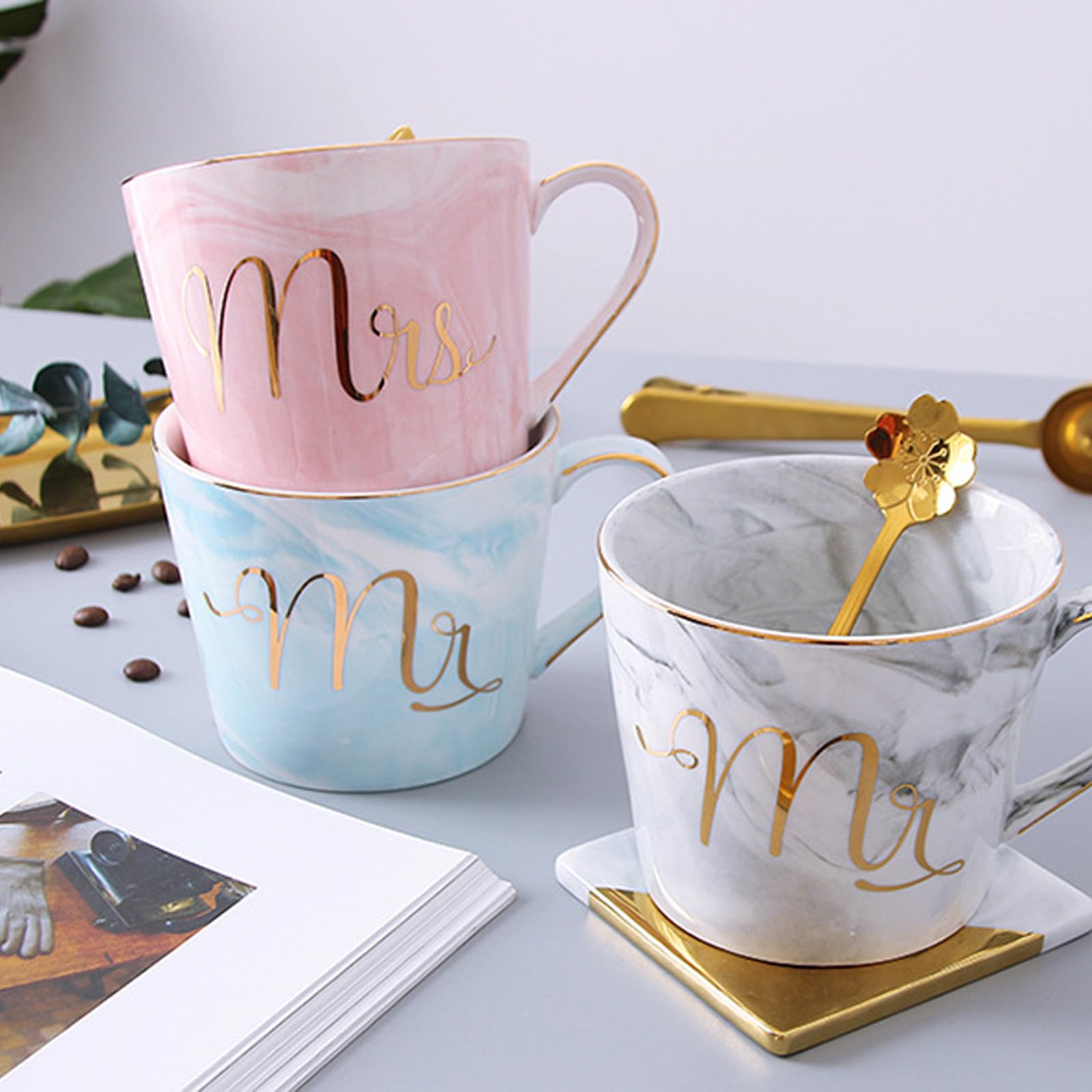 Gadpiparty Ensemble de 2 Tasses à Café en Céramique Effet Marbre Grosse Ouverture, Facile à Nettoyer, Cadeau Créatif pour Couple Lors des Fiançailles ou Mariage