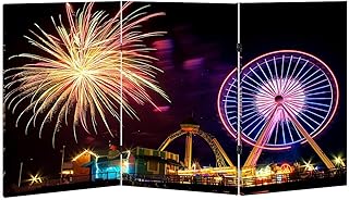 2 Ft Room Divider Screen Amusemant Pier New Jersey Colorful Firework Explosions Portable Short Canvas Folding Screen 3 Panel Freestanding Separator Privacy Partition Indoor Home Office