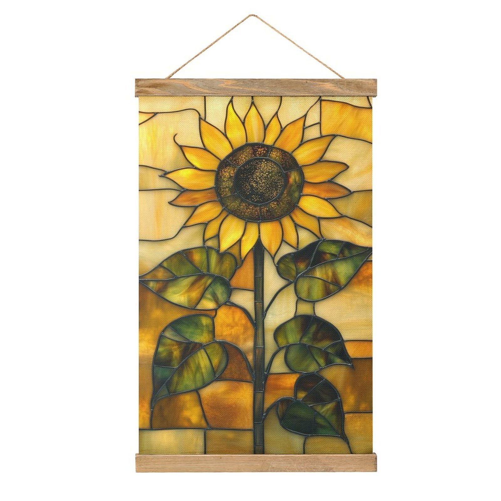 Jubonexis Stained Glass Piece A Sunflower And Leaves Canvas Painting Wood Frames Poster Hanger Hanging Picture Kit Wall Art