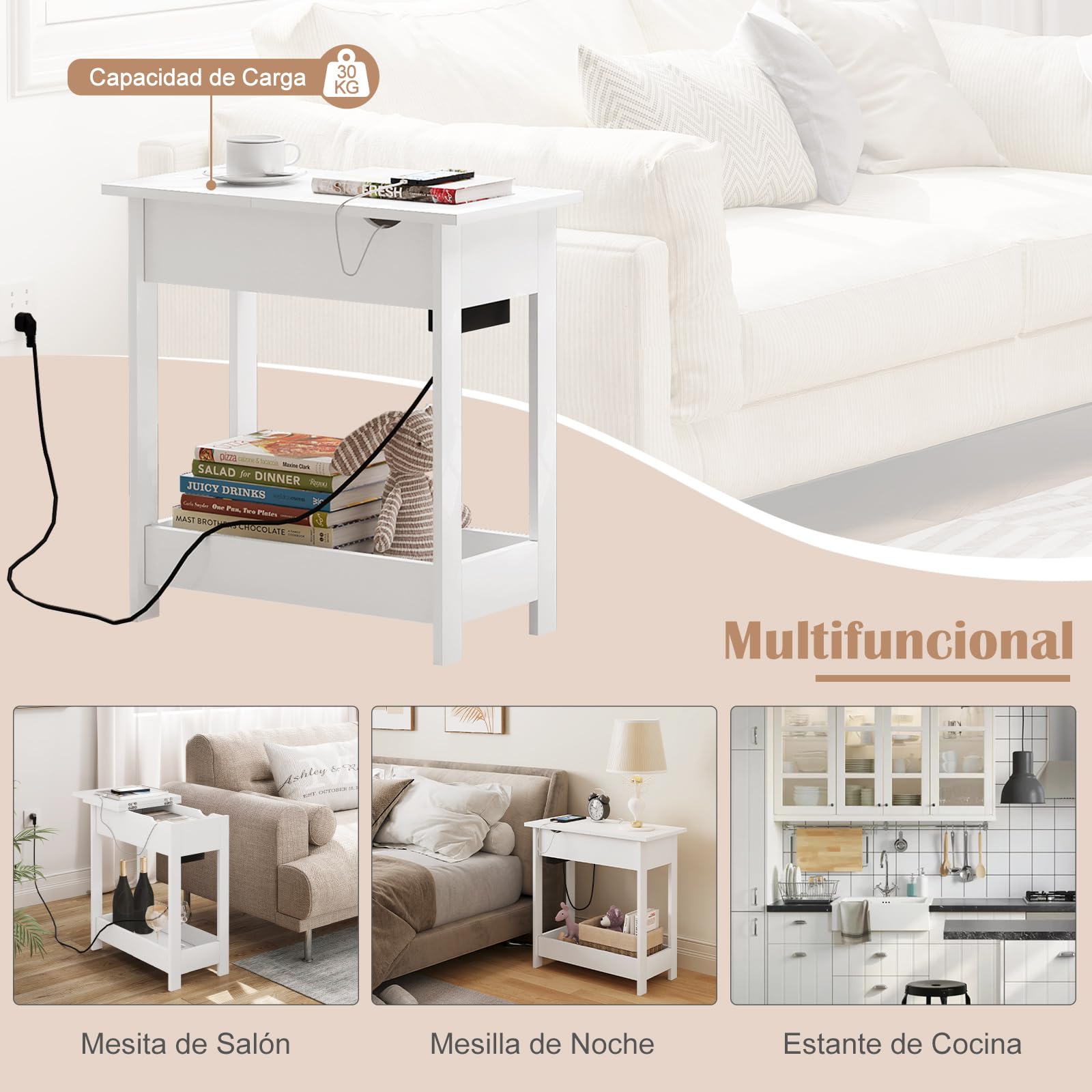 EUGAD Tavolino da Salotto con Stazione di Ricarica, Tavolino a 3 Ripiani, Piano Pieghevole, 2 Porte USB e 2 Prese a 2 Fori, per Camera da Letto, Soggiorno, Cucina, MDF, Bianco
