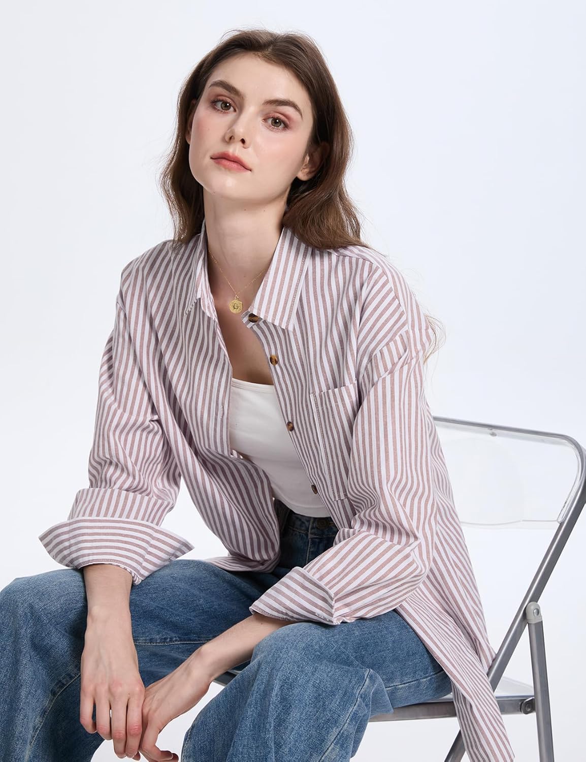 PEHMEA Women's Striped Button Down Shirts Long Sleeve Cotton Blouse with Pocket for Casual Office Daily - Image 5