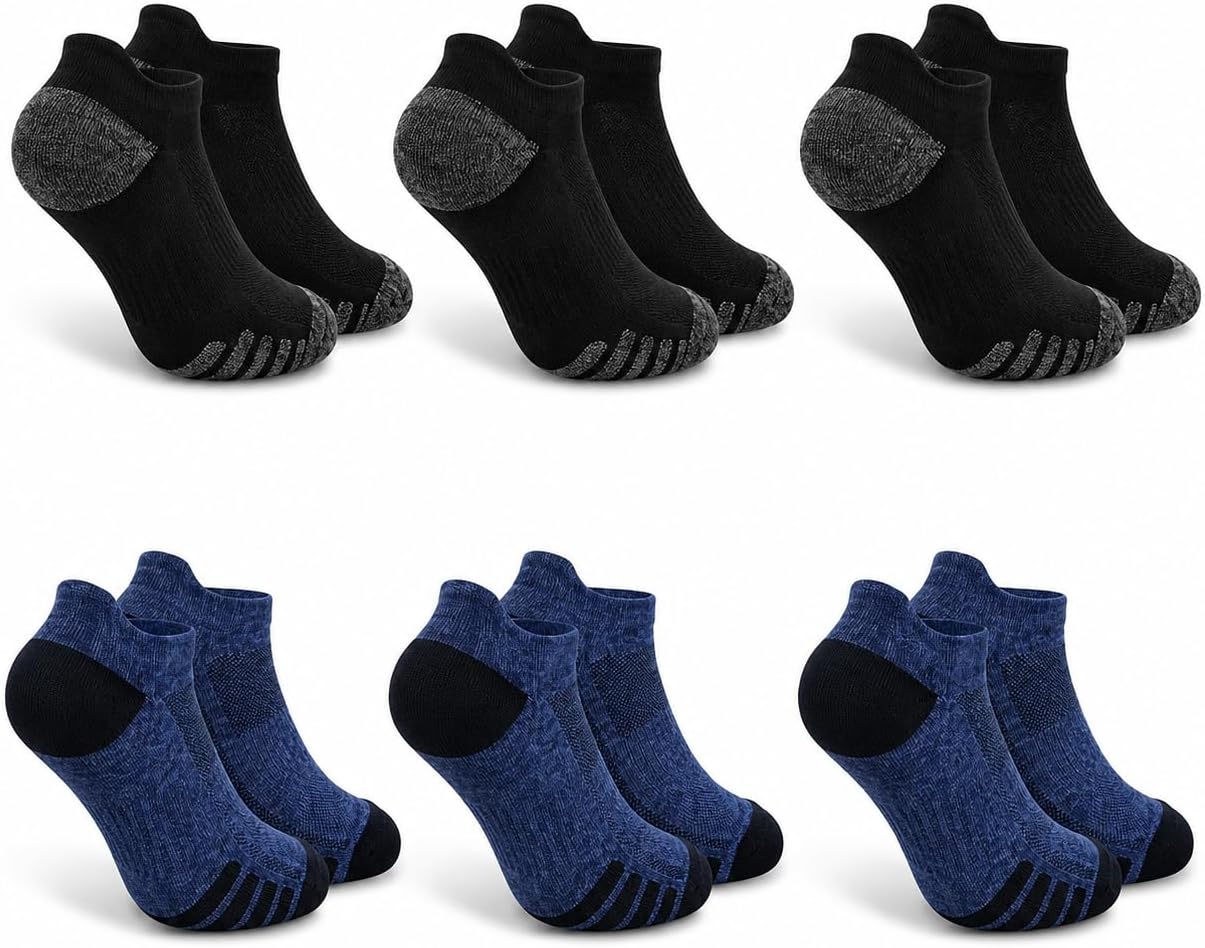 Rastogi Handicrafts Men's/Womens Athletic Ankle Cotton Socks, Black, Breathable Mesh, Arch Support, Anti-Slip Grip, Cushioned Heel, Moisture Wicking, 6 Pairs