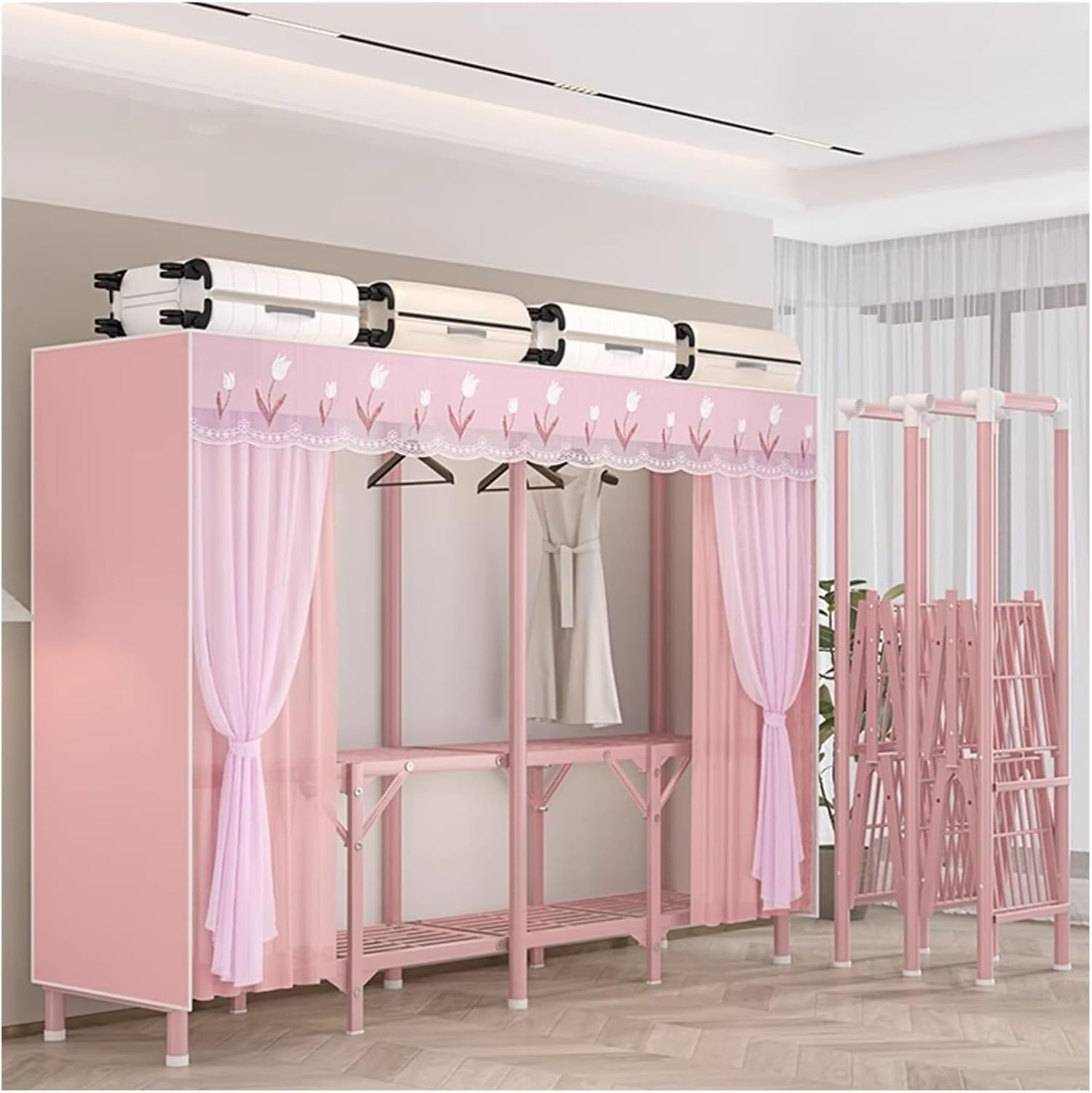 Wytrzymała przenośna szafa na ubrania z pokrywą - Stojący wieszak na ubrania do wieszania ubrań Składany organizer do przechowywania odzieży(Pink1,200x170x45cm)