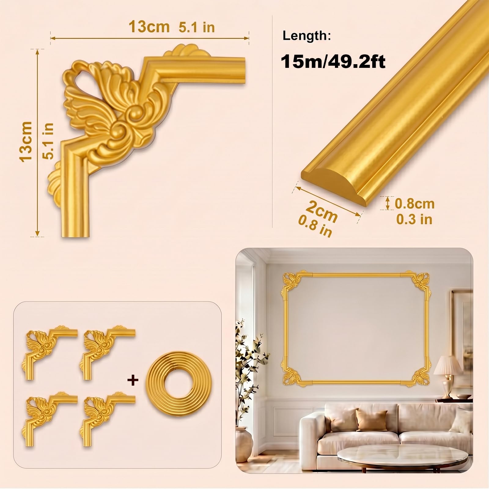 PVC Modanatura Adesiva per Pareti Flessibile per Soffitto Mobili Interni Gold,15m