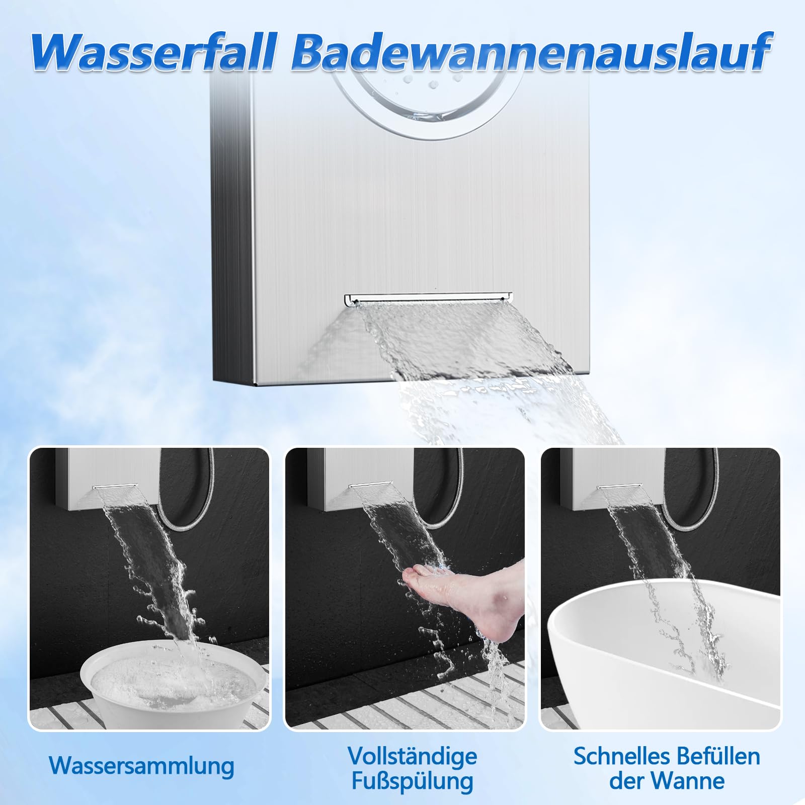 ROVOGO Duschpaneel mit Ablage und Armatur, 5 Funktionen Duschsäule mit LED: Nebel- und Regen Duschkopf, 2 Massagedusche, 3-Modus Handbrause, Wasserfall Wanneneinlauf, Duschpaneele Edelstahl Gebürstet