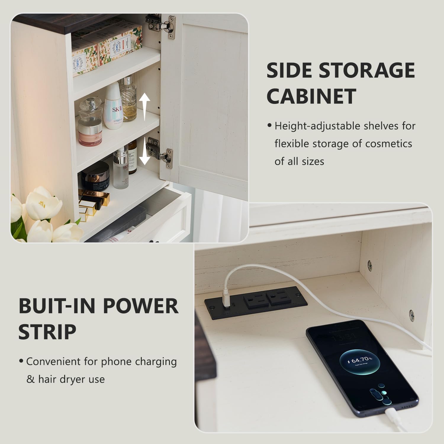 Farmhouse Vanity Desk with Touch Screen LED Mirror, 47" Big Make Up Table with 6 Drawers, Glass Top, Charging Station, Rustic Wood Dressing Table w/3 Color Available, Antique White - Image 5