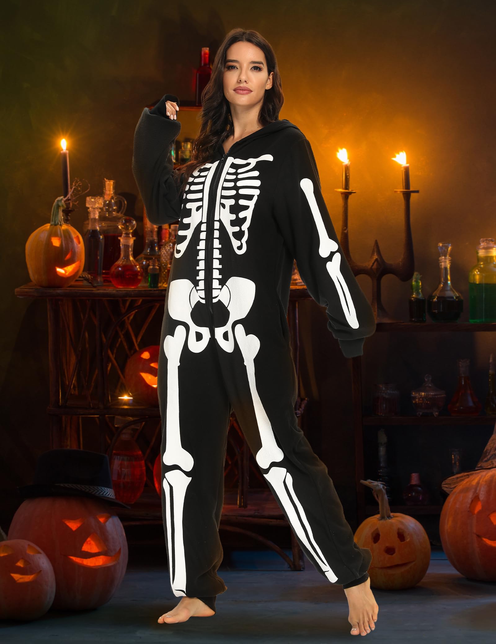 Disfraz de esqueleto para mujer adulta, pijama de Halloween, talla grande, traje acogedor para niña, fiesta de cosplay