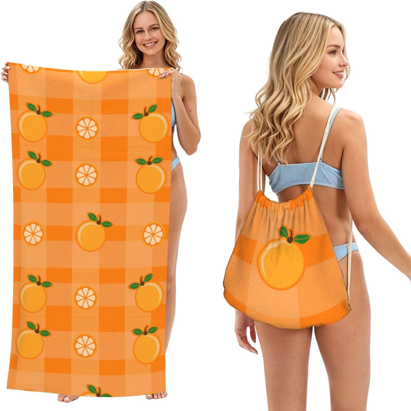 Poadnly As Picture Orange And Orange Leaves, 2 In 1 Packable Towel Bag, Beach Towels With Drawstring Backpack For Travel Holiday Camping
