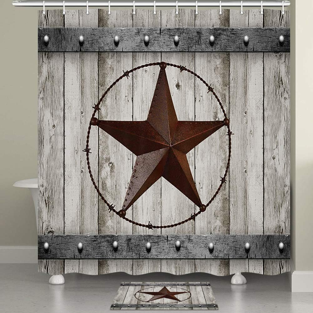 JAWO Rustic Barn Door Shower Curtain Set Southwestern Gray Wood Western Star Themed Bathroom Decoration,Vintage Farmhouse Bath Accessory Decor,Waterproof Fabric Cloth Curtains,Hooks Included
