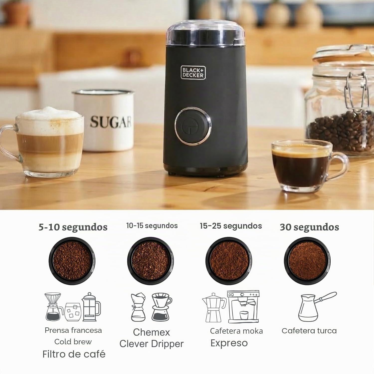 BLACK+DECKER BXCG150E - Molinillo de Café | Eléctrico 150W | 12 Tazas Café | Café y Especias | Depósito Granos 50g | Compacto | Cuchillas y Depósito Acero Inox | Tapa Transparente | Recogecable