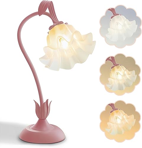 Flower Table Lamp Bedside Lamps LED Reading Light,3 Color Modes Cute Small Lamp,Vintage Flower Lamp Nightstand Lamp Kawaii Table Lamp for Bedroom