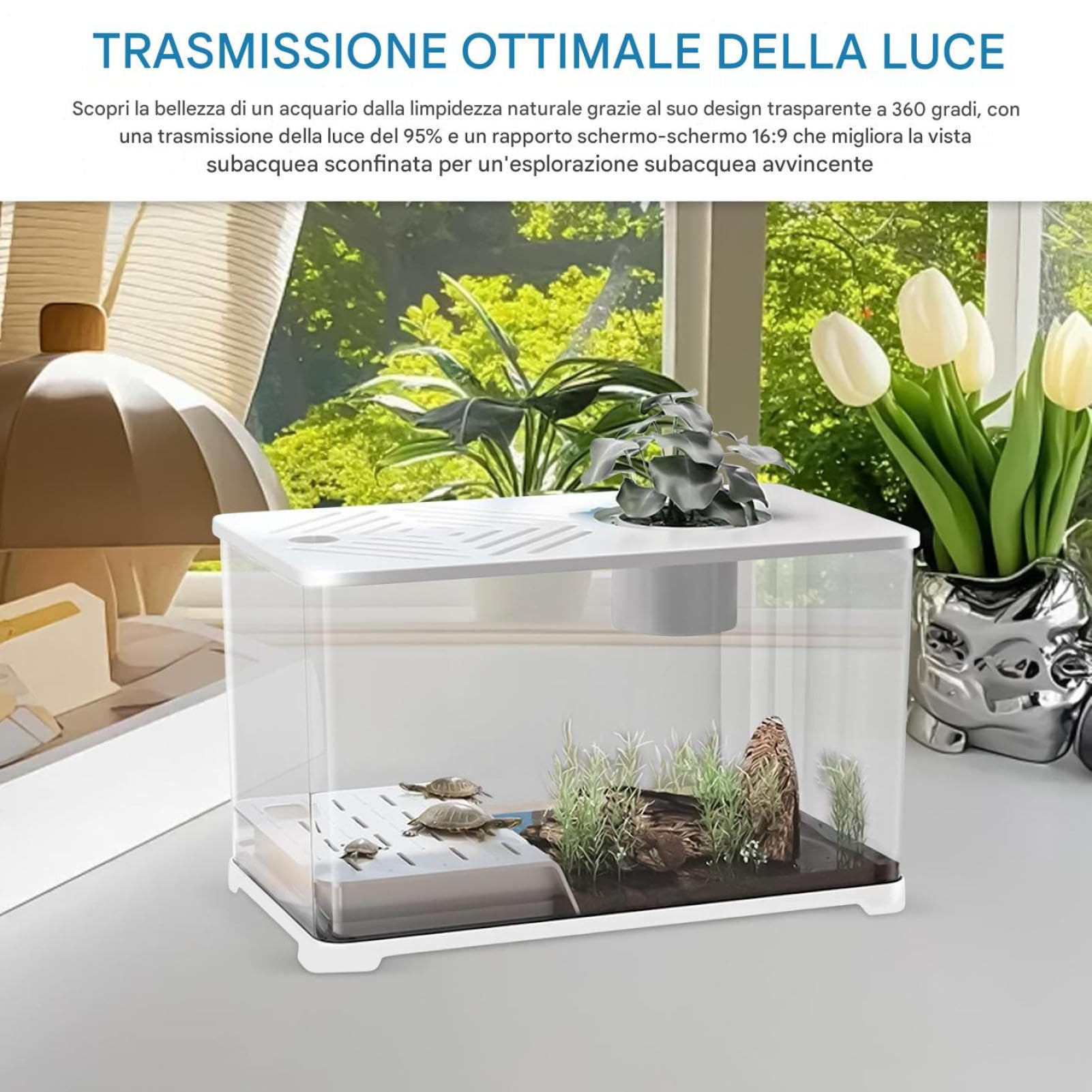Pecera Acuario Kit Completo de Escritorio | Pecera Moderna Vista Panorámica con Zona Descanso Tortugas para Guppis Bettas Medusas Gambas Pisos Oficina en Casa