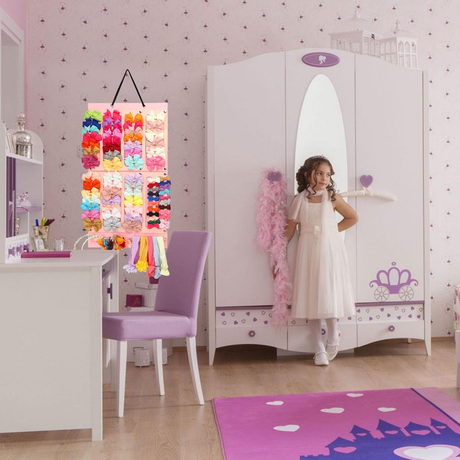 Organizer Da Parete In Feltro Per Cerchietti E Fermagli Per Capelli - Porta Accessori Da Appendere, Rosa, 35x50 Cm, Per Bambine E Donne