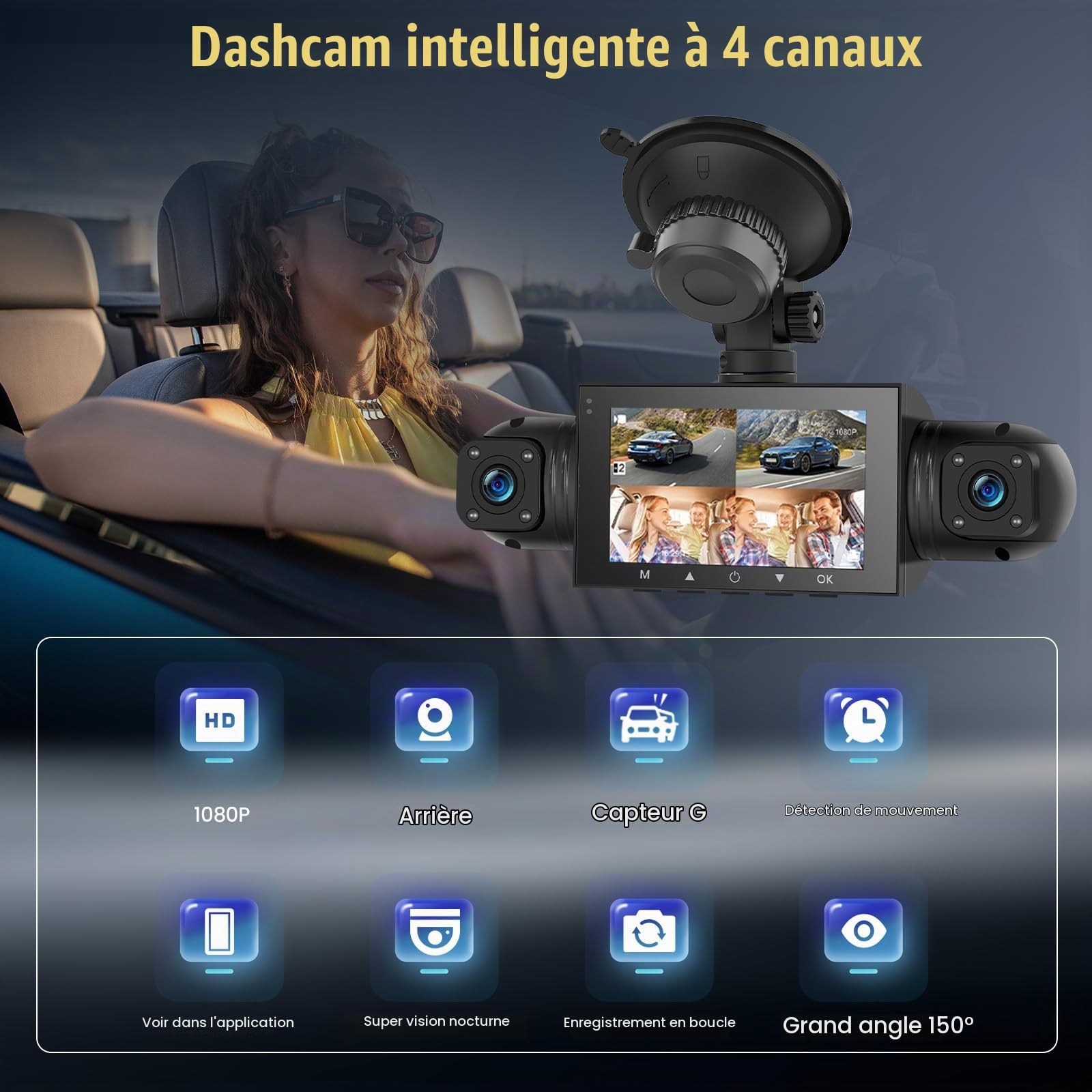 360° Dashcam Voiture Avant Arrière 4 Canaux Camera Embarquée Contrôle de APP, Voiture Vision Nocturne, Vidéo en Boucle, G-Sensor, Aide au StationnementIncluse
