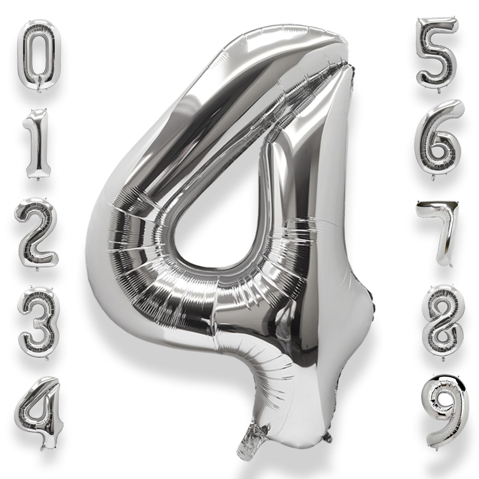 AULE 40 Inch Big Silver 4 Balloon Number Large Foil Helium Number Balloons 0-9 Jumbo Giant Happy 4th Birthday Party Decorations for Boy or Girl Huge