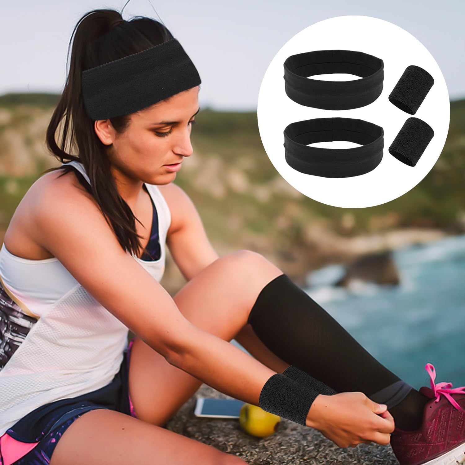 Fasce Sportive Da 2 Pezzi, 1 Paio Di Braccialetti Sportivi, Set Sportivo Traspirante E Assorbente Del Sudore, Fasce Elastiche Unisex