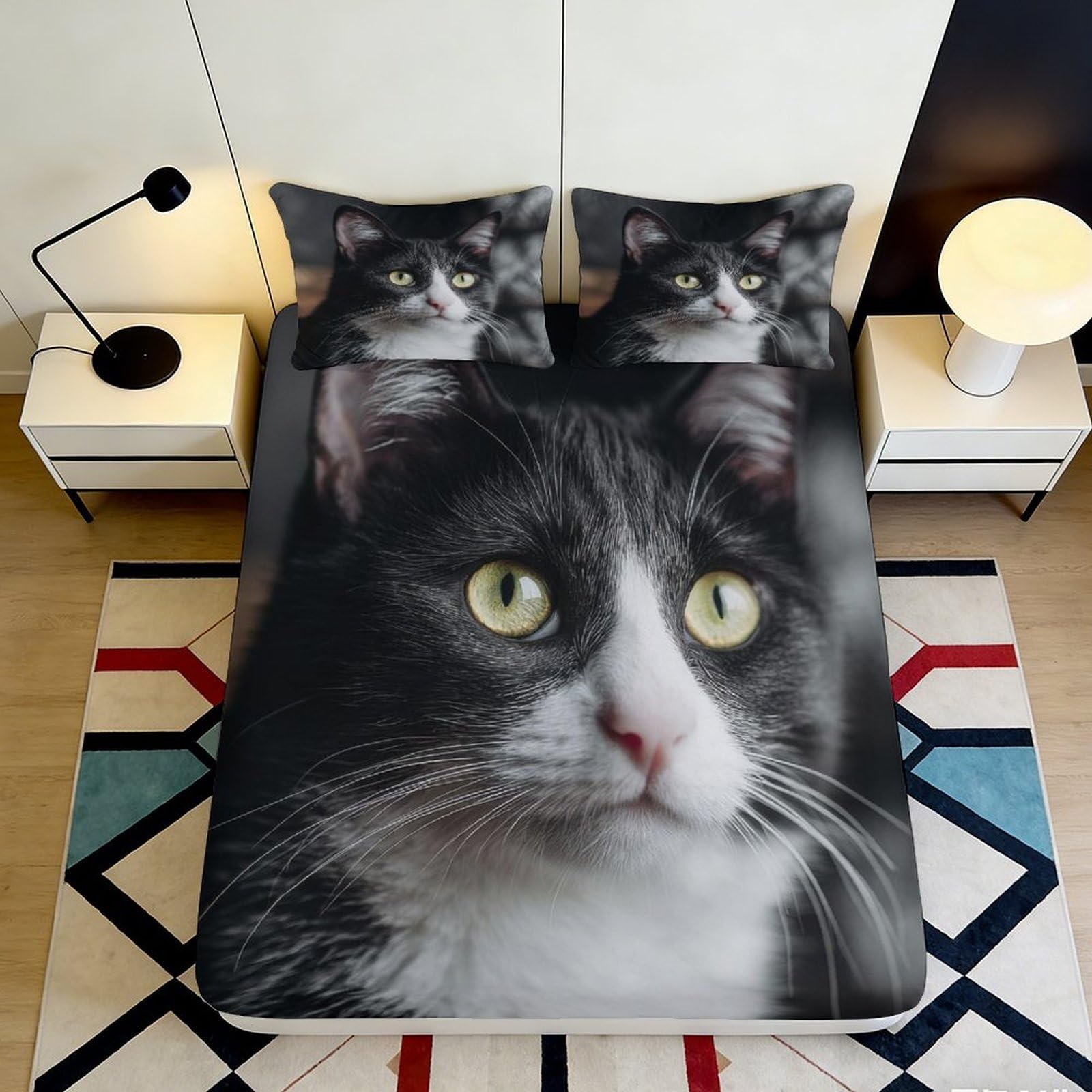 3D Printed Black White Cat Fitted Sheet Microfiber Soft Breathable Tuxedo Cat Mattress Cover for Bedroom Dorm Mattress Protection Decor 90x200x25cm
