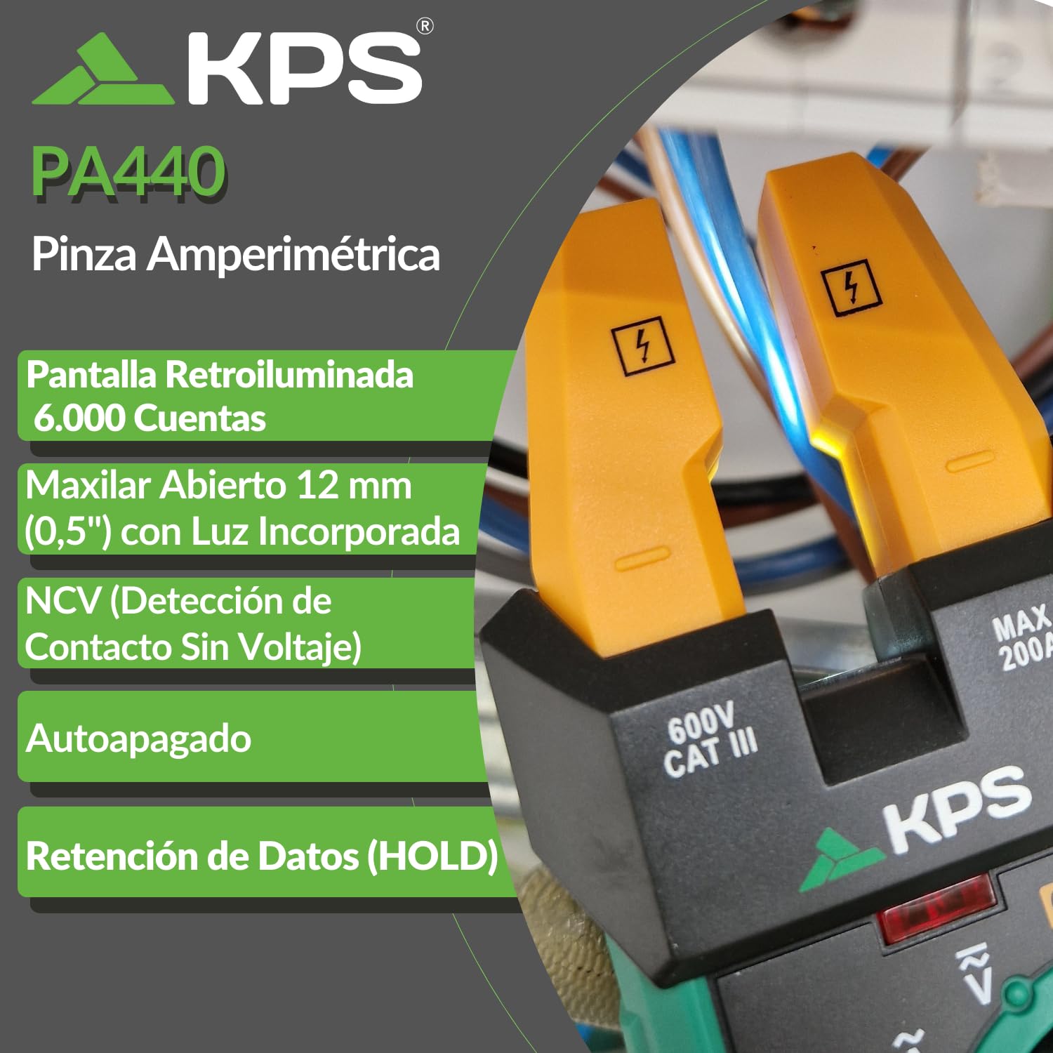 KPS-PA440 Pinza Amperimétrica Profesional con Maxilar Abierto - Multímetro Digital con Medición de Corriente AC 200A, Corriente DC 1000µA, Voltaje AC/DC 600V, Temperatura, Frecuencia, Capacidad y NCV