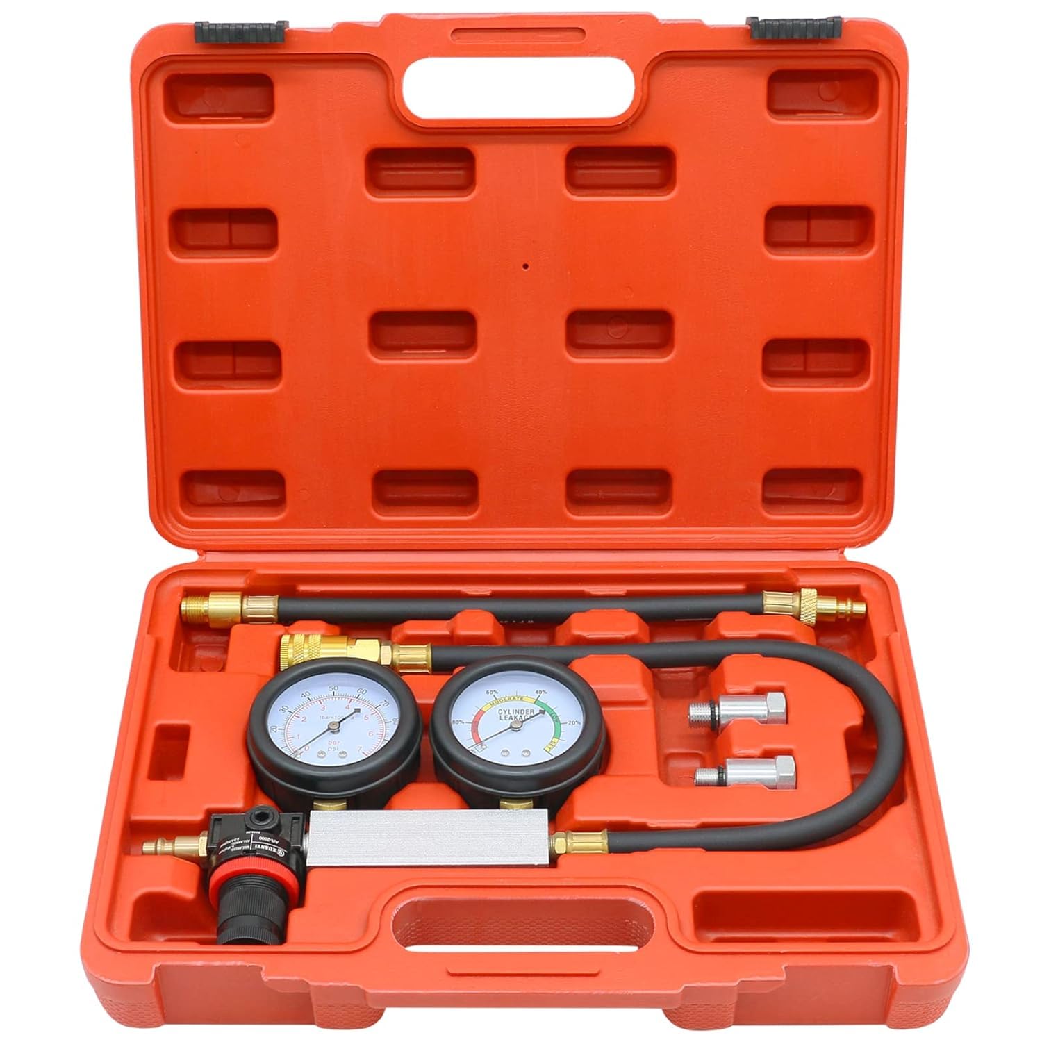 C Q CHANG QI Cylinder Leak Down Tester Kit,Gasoline Engine Compression Tester,Dual Pressure Gauges Engine Compression Leakdown Detector for Gasoline Engine with 10 12 14mm Spark Plugs（ Red）