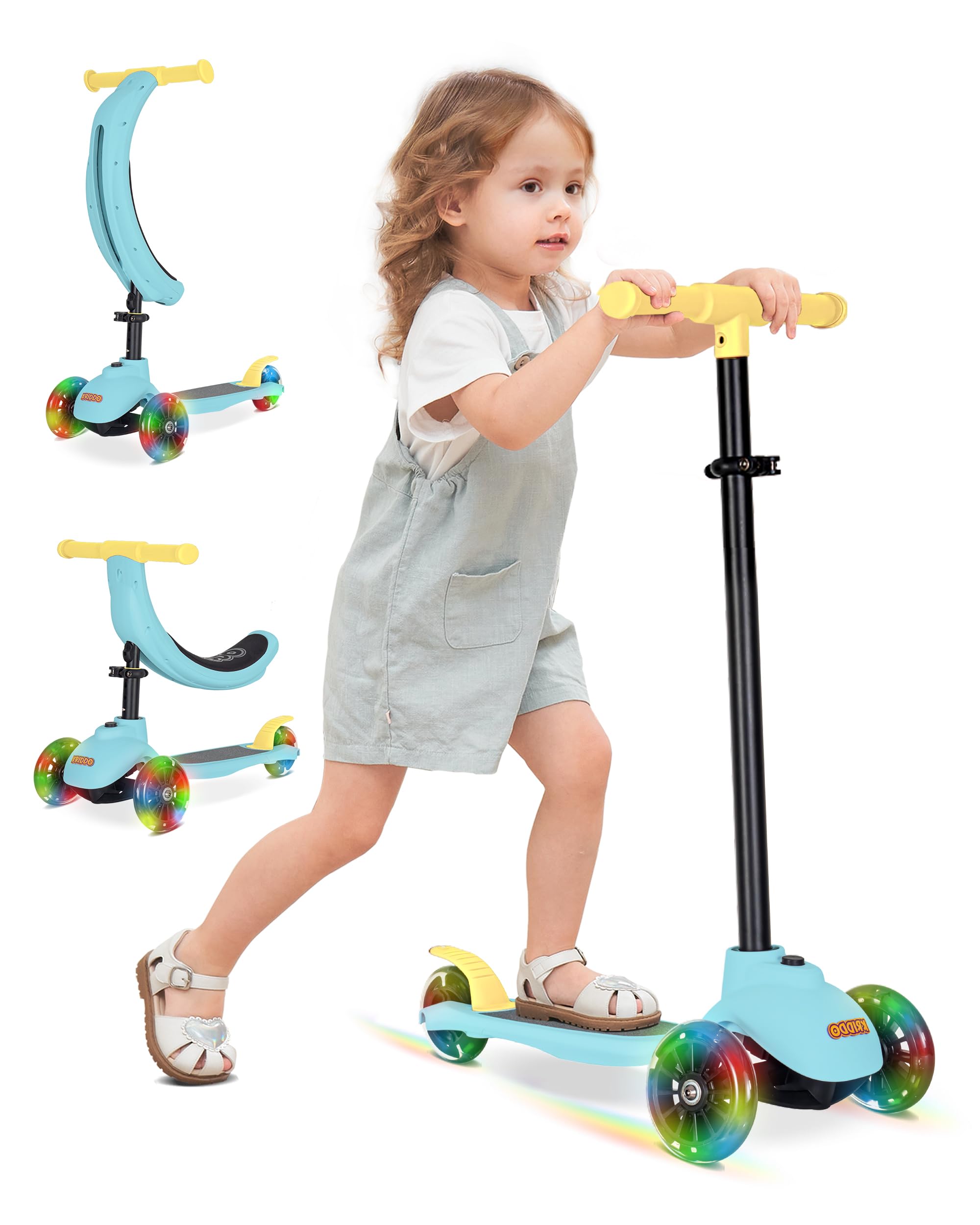 KRIDDO 3-in-1 Kids Folding Scooter for 18 Months to 5 Years, Toddler Toy Scooter with Adjustable Height, Lean-to-Steer Scooters, 3 Lighted Wheels, Ideal for Indoor & Outdoor