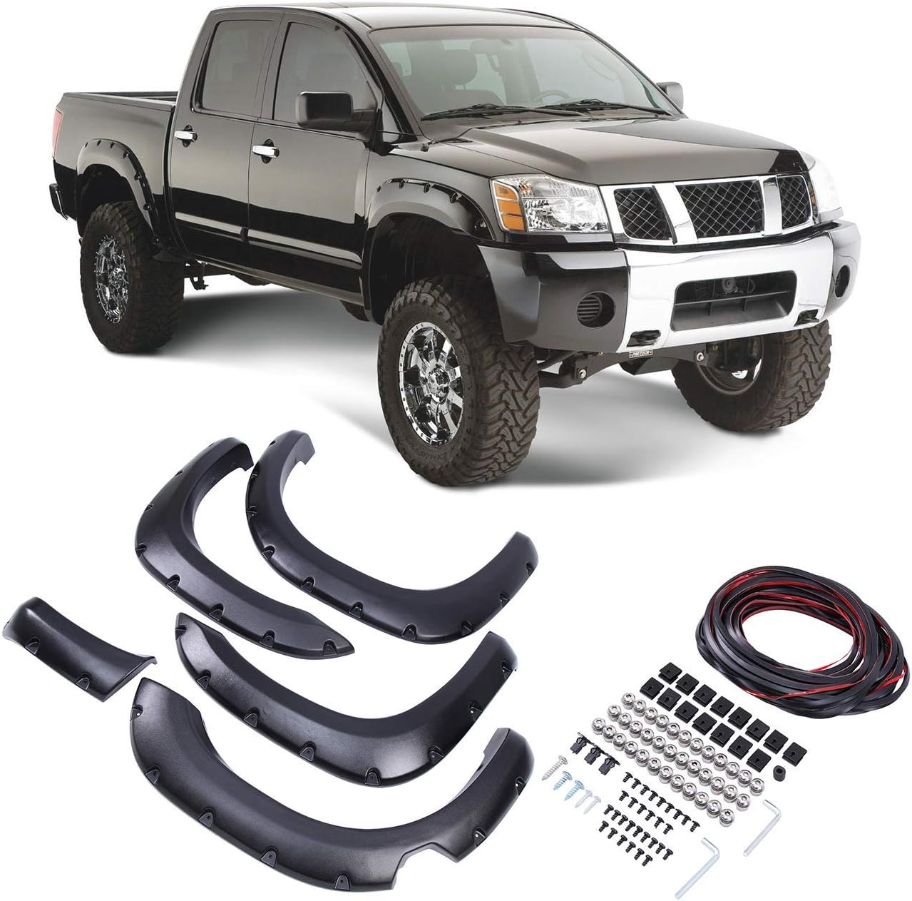 Front & Rear Fender Flares for 2004-2014 Titan with Lockbox Black Pocket Rivet Style Wheel Eyebrow Protector