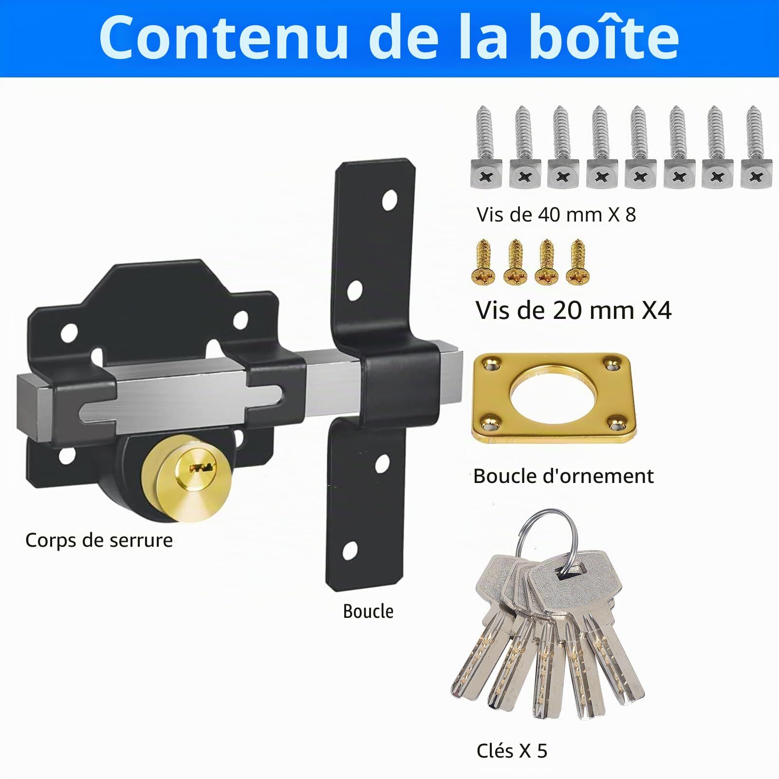 Serrure à mortaise Long Throw Gate Long, 70mm, pour porte et portail en bois, verrouillage des deux côtés, 5 clés