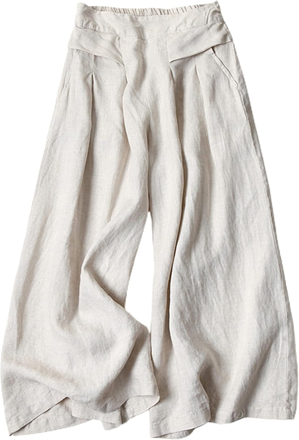 Hooever Women's Cotton Linen Culottes Pants Elastic Waist Wide Leg Palazzo Trousers Capri Pant