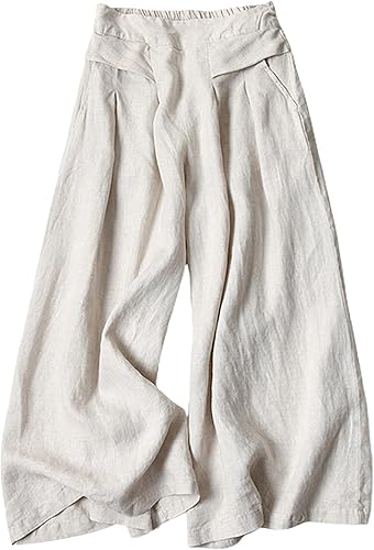 Hooever Pantalones culottes de algodón y lino para mujer, cintura elástica, pierna ancha, pantalones capri