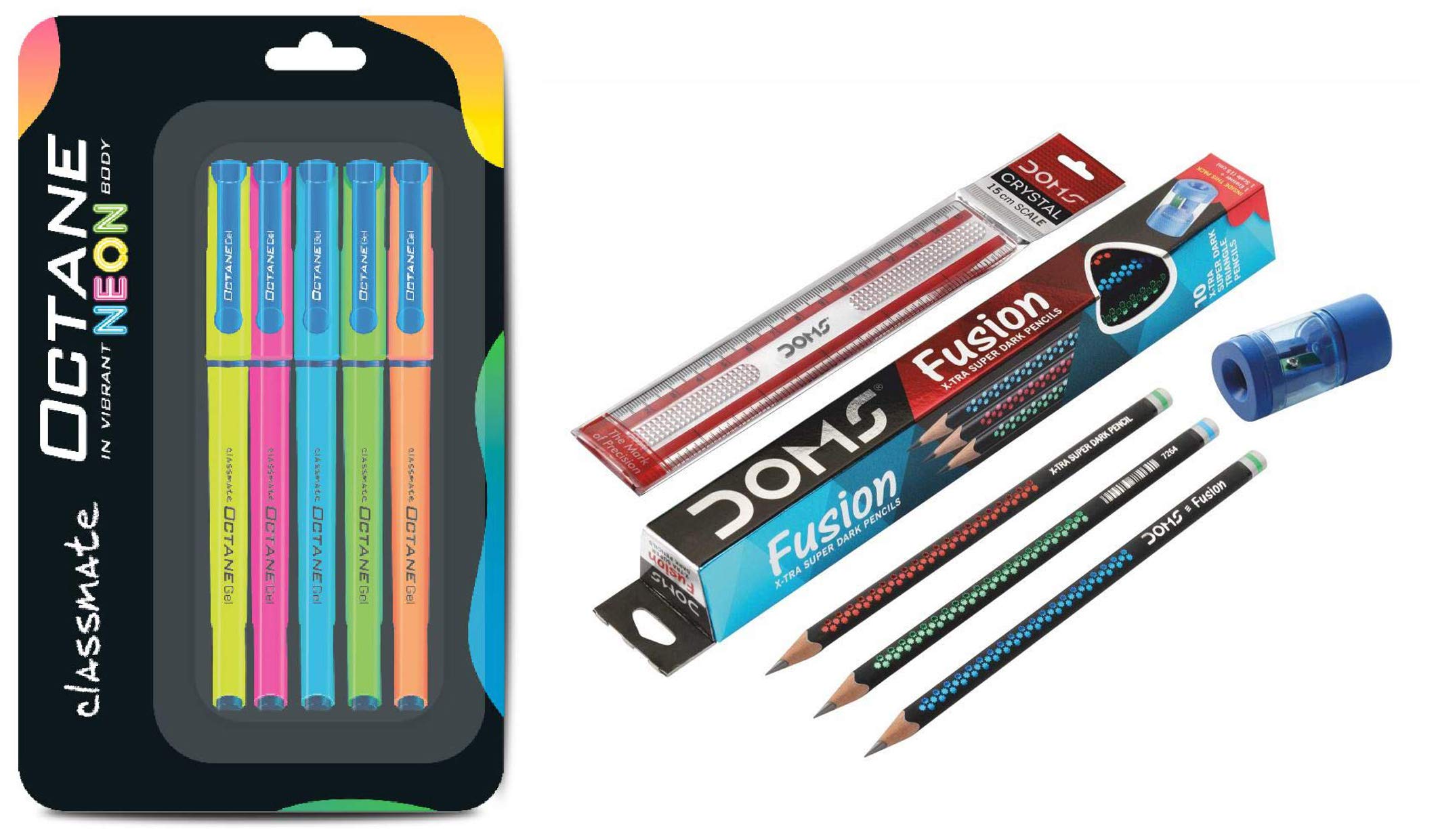 Classmate Octane Gel Pen (Blue)- Neon Series- Pack Of 5 & Doms Fusion Pencil 10 Pcs