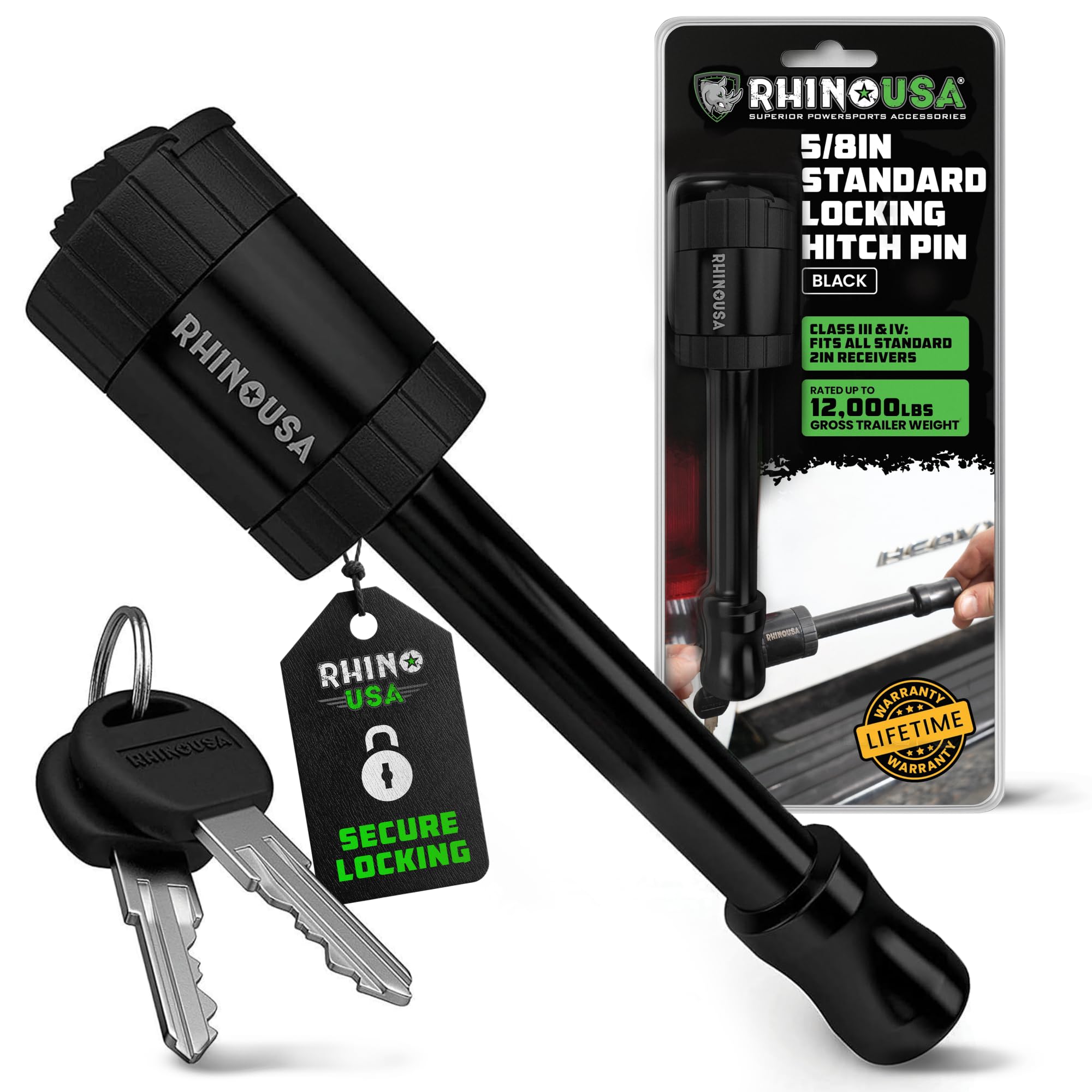 Rhino USA 2” Trailer Hitch Pin – Patented Locking Receiver Pin for Class III/IV Hitches – Weatherproof, Anti-Theft, Debris-Protected – Tow Truck Ready – Black 1PK