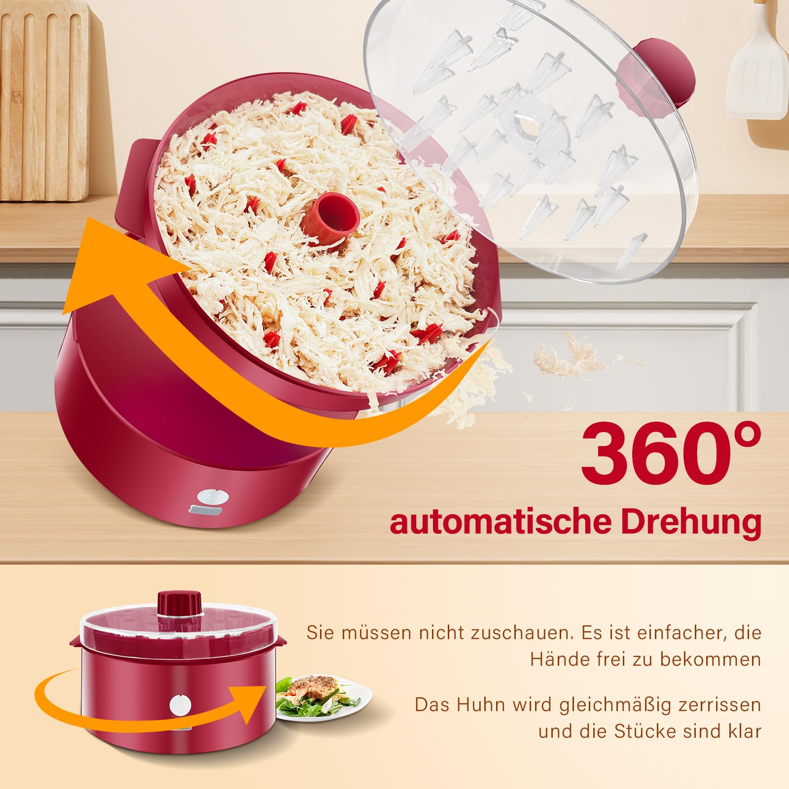 Automatischer Elektrischer Hähnchen-Zerkleinerer|Typ-C Schnellladung & 60min Laufzeit|8"/20CM sichtbare Zerkleinerungskammer mit Bürste/Gabel|BPA-frei spülmaschinenfest|für Meal Prep (Rot)