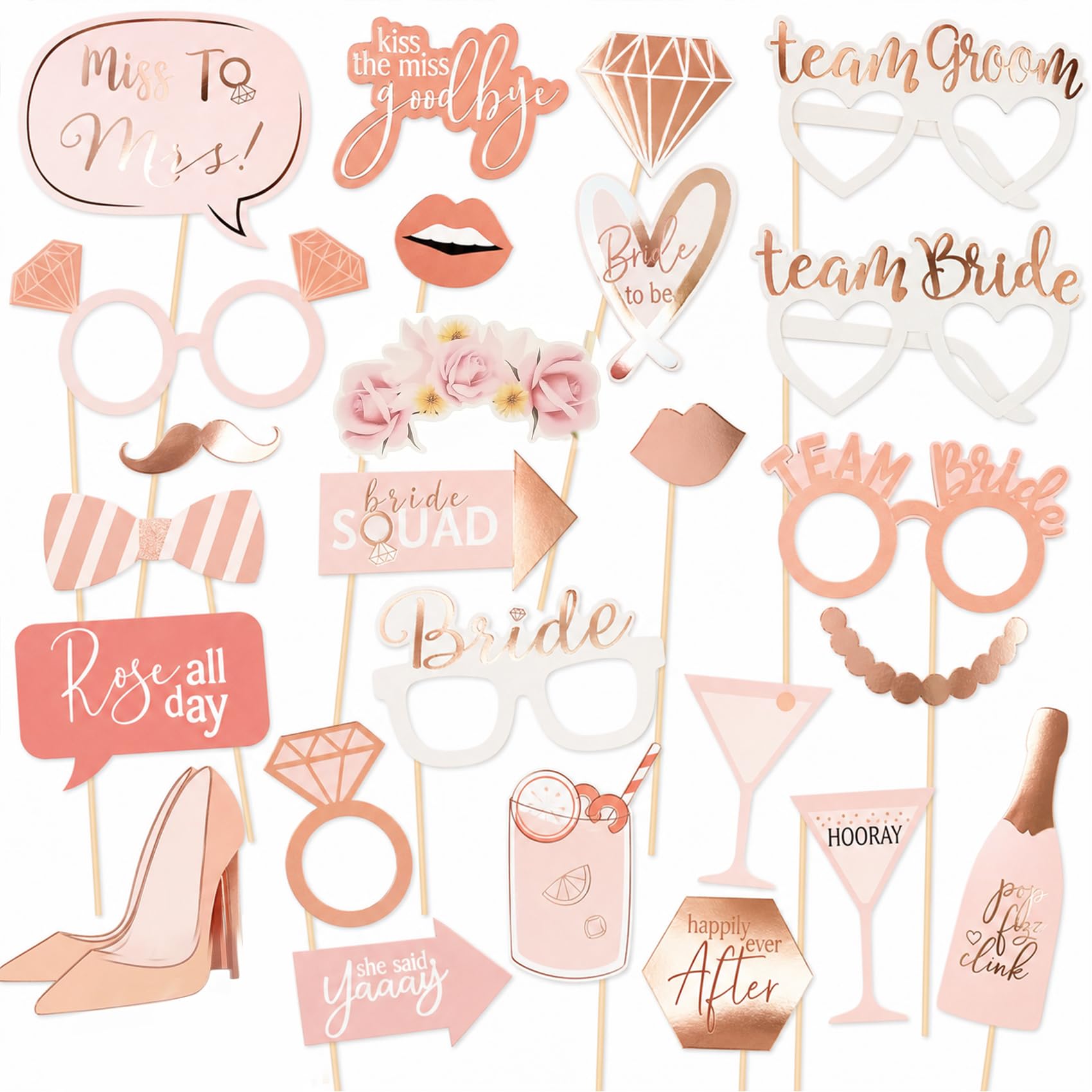25Pcs Rose Gold Photo Booth Props Set for Hen Party & Wedding Includes Crowns, Glasses, "I Do" Signs & More Bridal Shower, Bachelorette, Engagement Party Decorations & Selfie Accessories