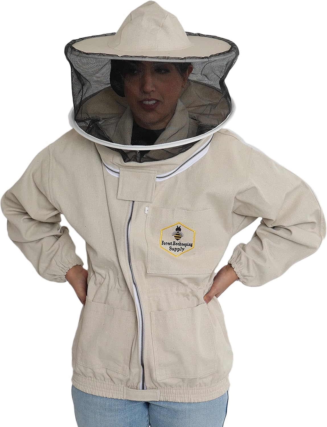 Bee Jacket with Veil - Natural Canvas Bee Suit Jacket with Elastic Waist & Cuffs, YKK Brass Zippers, 3 Utility Pockets. Removable Round Hood Interchangeable with Forest Beekeeping Suit. (X-Large)