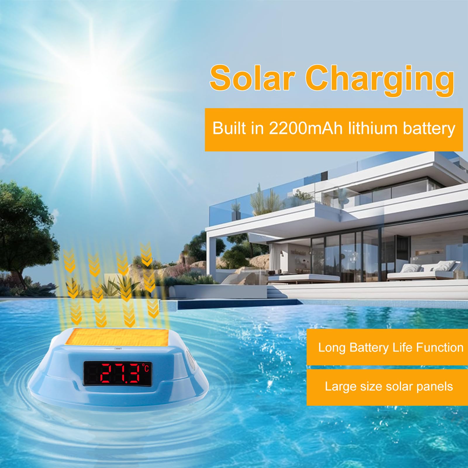 Walmeck Termometro Piscina Doppia Ricarica del Cavo Solare Display Display Blocco Bambino IP68 Waterproof [Swimming Pool Spa] (Cielo blu)