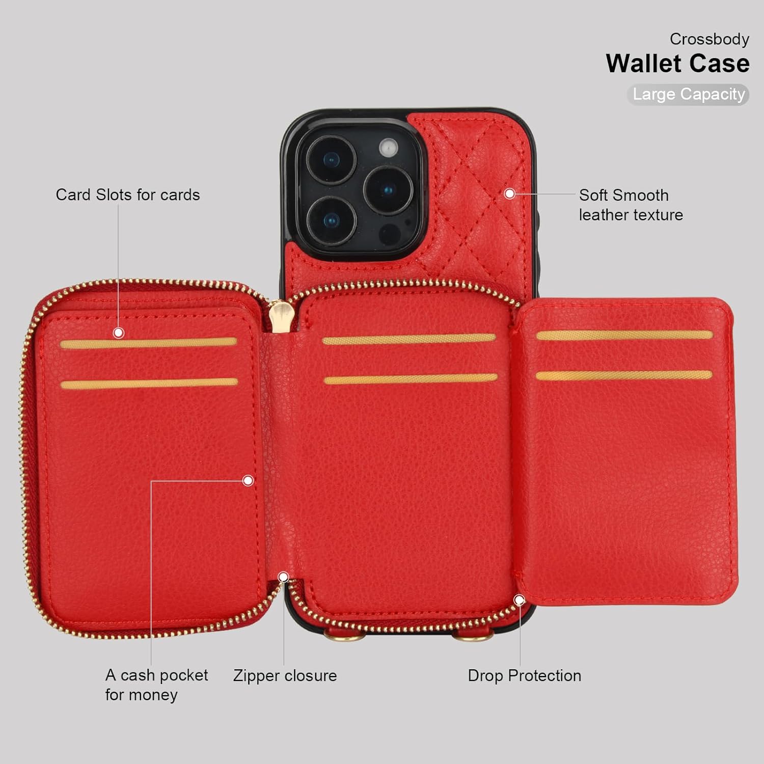 Bocasal Crossbody Wallet Case for iPhone 16 Pro Max, RFID Blocking PU Leather Zipper Handbag Purse Flip Cover, Kickstand Folio Case with Card Slots Holder Wrist Strap Lanyard 5G 6.9 Inch (Red)