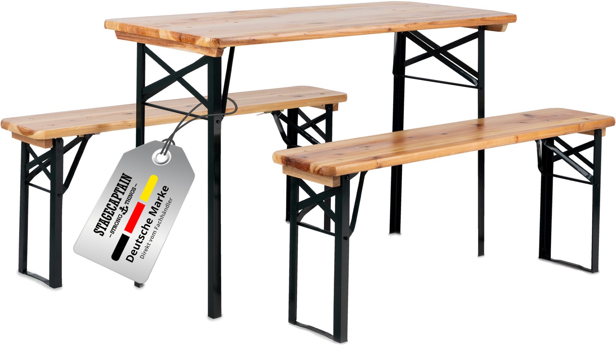 Stagecaptain BBDL-119 2X Set Hirschgarten Bierzeltgarnitur mit Lehne für Balkon - Version mit 119 cm Länge - Klappbare Festzeltgarnitur 2X Tisch, 4X Bank - Holz Sitzgarnitur - Innen & Außenbereich