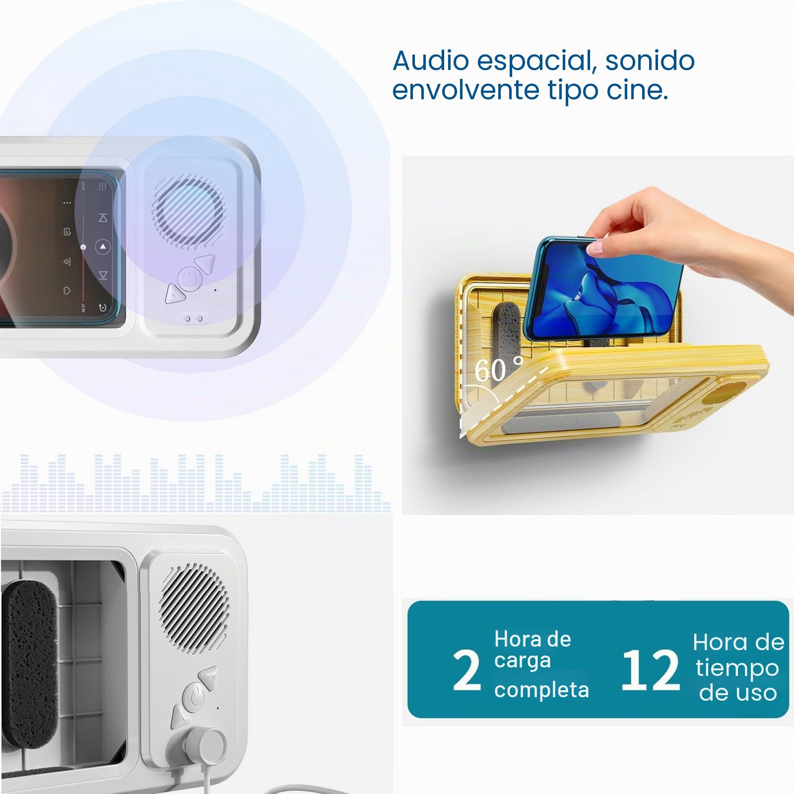 Soporte Para TeléFono Ducha Resistente Al Agua,Con Altavoz Bluetooth InaláMbrico,Funda Para TeléFono Ducha,BañO,Montaje En Pared Para Todos Los TeléFonos MóViles Hasta 7 Pulgadas,Regalos Para Hombres