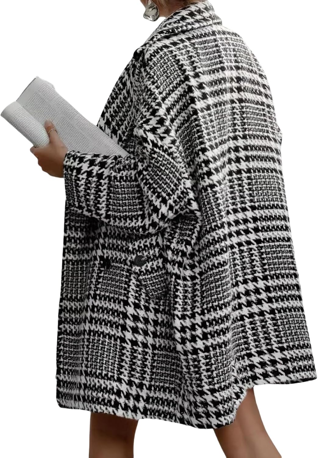 Mmoneyake Plaid Shacket Jacket Women Houndstooth Wool Blend Coat Notch Lapel Warm Winter Jackets Double Breasted Peacoat