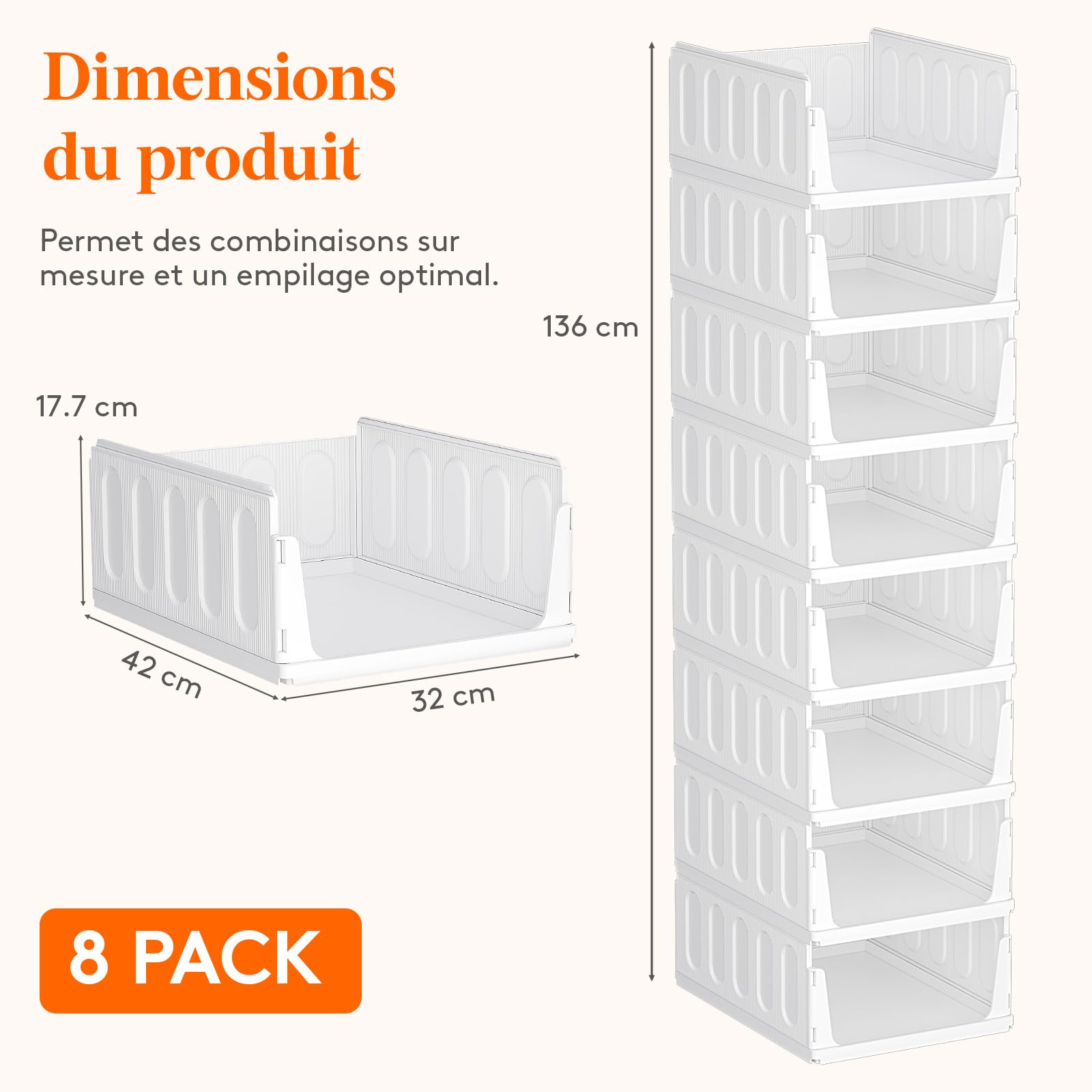 Lifewit Boîtes de Rangement pour Vêtements, Organisateur de Penderies Empilables, Blanc Bacs Individuels en Plastique, Idéal pour Placard de Cuisine, Armoire de Camping et Salle de Bain, 24L, Lot de 8