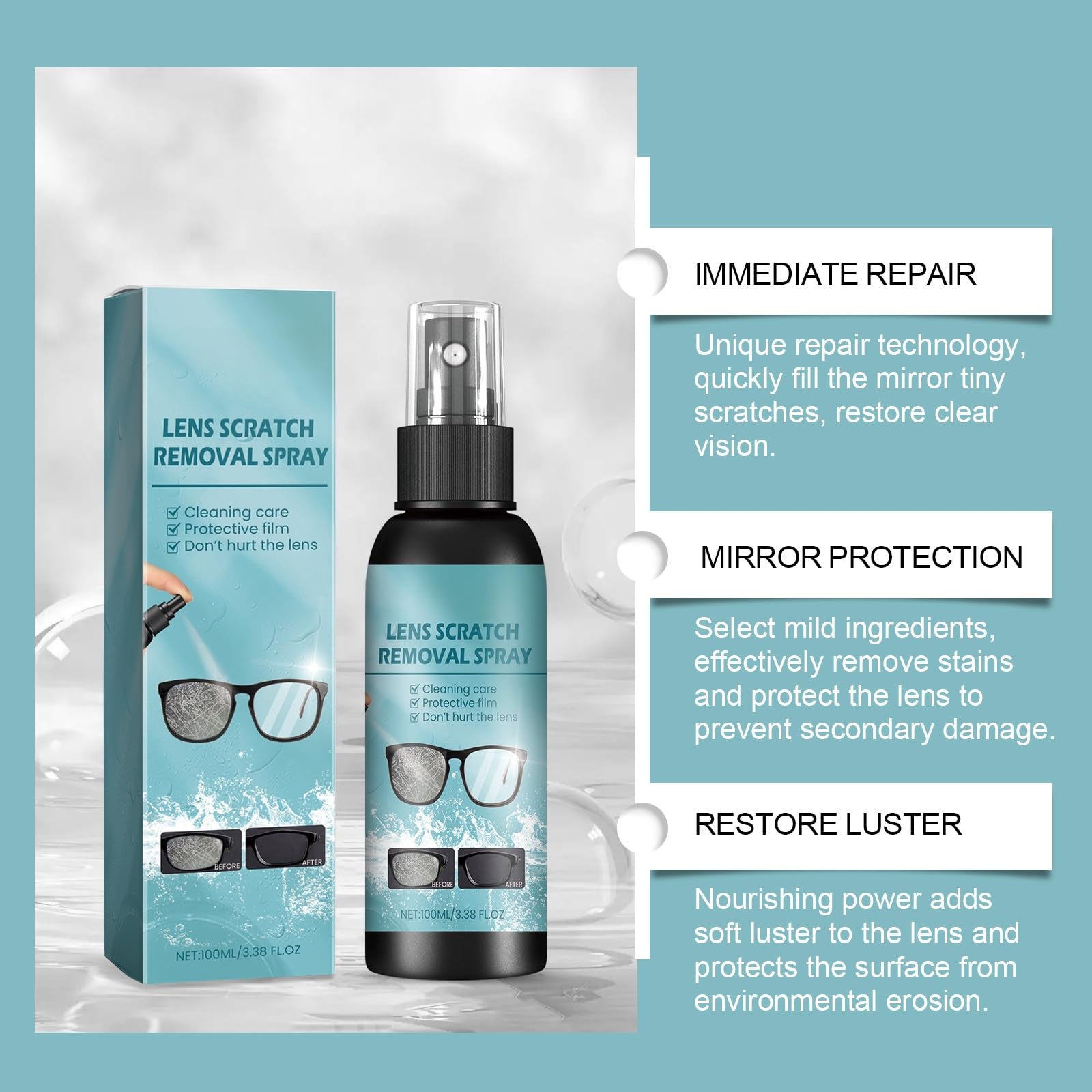 Brillenkratzerentferner-Spray, Kratzerentferner für Brillengläser und Sonnenbrillen, Reinigungs- und Pflegemittel für Brillengläser, Glaskratzerentferner (6pcs)
