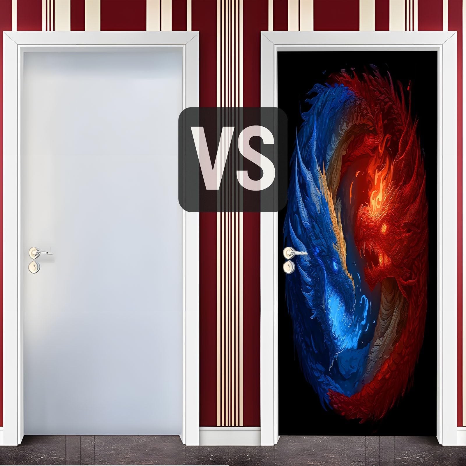Naklejka 3D na drzwi 90 x 200 cm (szer. x wys.), tapeta na drzwi, obraz ścienny, Yin Yang, symbol smoka zwierzęcego, samoprzylepna, PCW, wodoodporna na drzwi, plakat na drzwi, fantastyczny styl