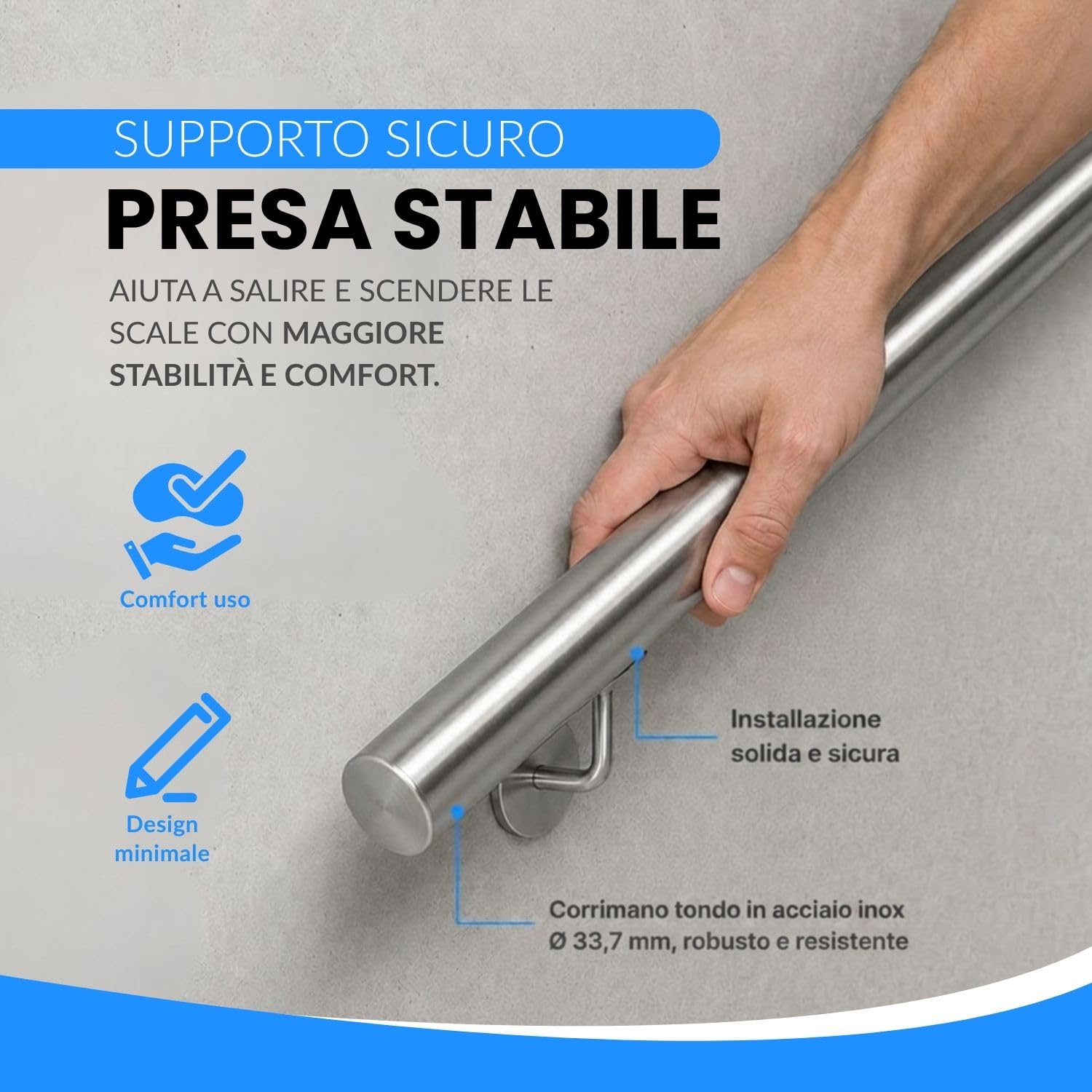 INOXLM Corrimano per scale in acciaio inox AISI 304 ⌀ 33,7 mm, rampa scala finitura satinata Made in Italy, guardia corpo scala per interni ed esterni (170 cm)