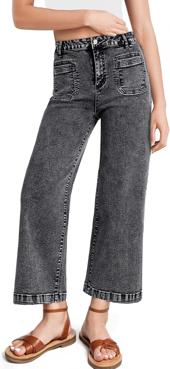 Astylish Womens Jeans Wide Leg High Waisted Stretchy Straight Leg Jeans Trendy Ankle Denim Pants with Patch Pocket