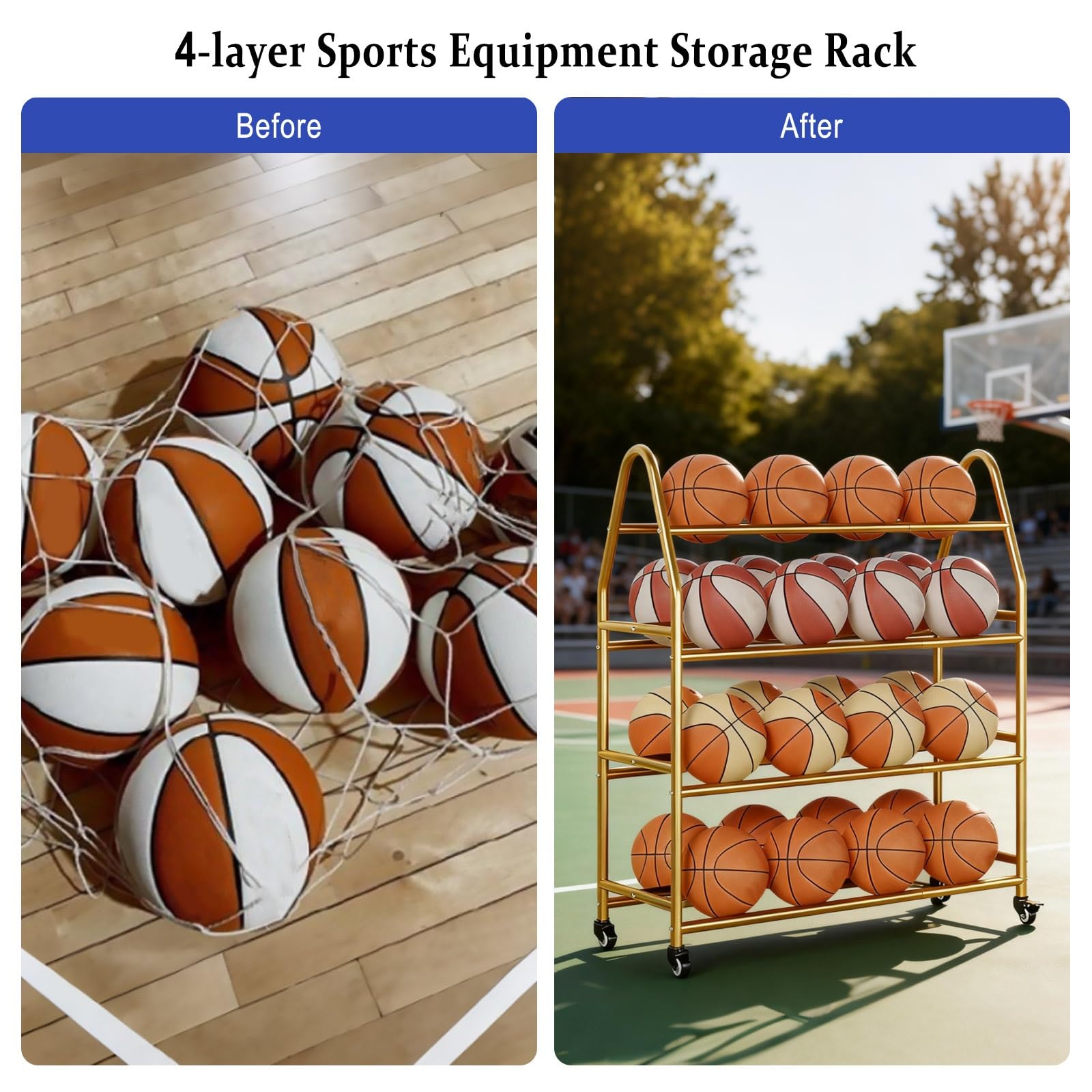 Estante de baloncesto para almacenamiento de pelotas, soporte vertical para equipos deportivos de interior/exterior, adecuado para pelotas de baloncesto y otras pelotas