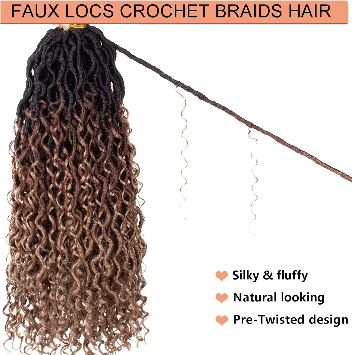 Mscat 8 Packs Ombre Bohemian Locs Crochet Hair 14 Inch River Locs 3Tone Faux Locs Crochet Braids Pre Looped Short Soft Locs with Curly Ends River Locs Hair Extensions (14Strands/Pack 1B3027#) - Image 4