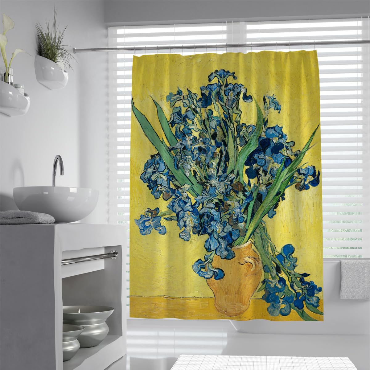 Olliar Home Shower Curtain Vibrant Floral 180X220 Artistic Iris Flower Green Leaves Retro Aesthetic Bathroom Curtain Decor Modern Yellow Bath Curtains With Hook